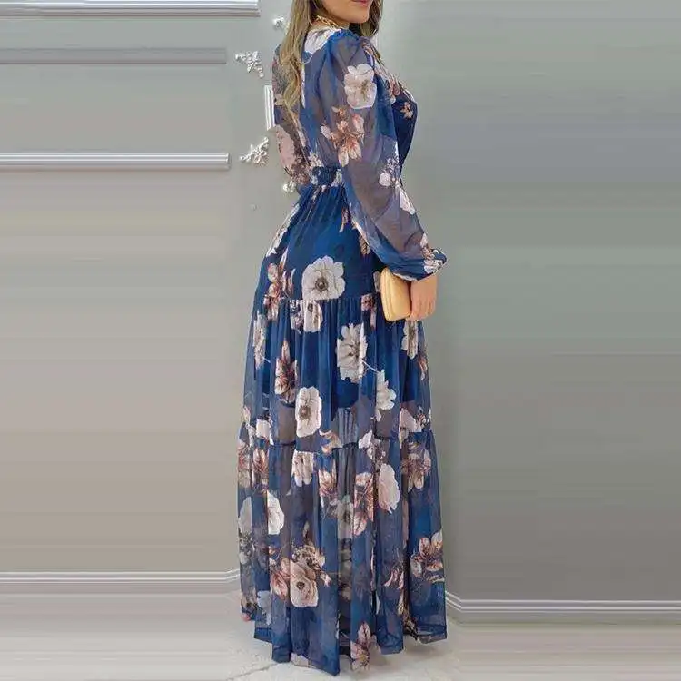 2022 New Arrival Fashion Chiffon Floral Dress Casual V Neck Mesh Print Maxi Dresses Women Elegant Long Dress