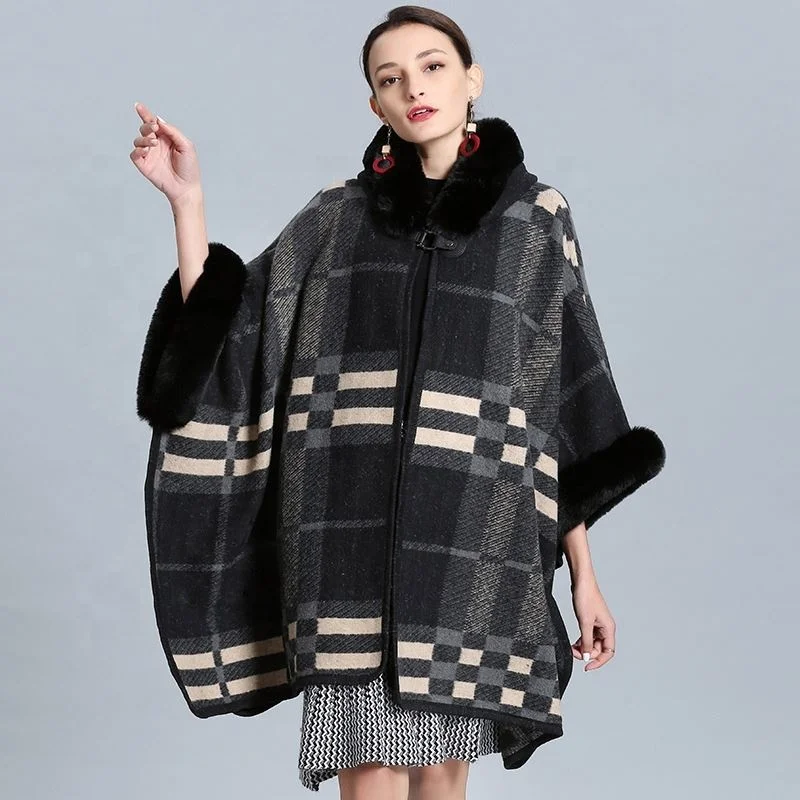 Wholesale new made knitted faux fox fur poncho cape winer handmade fur shawls