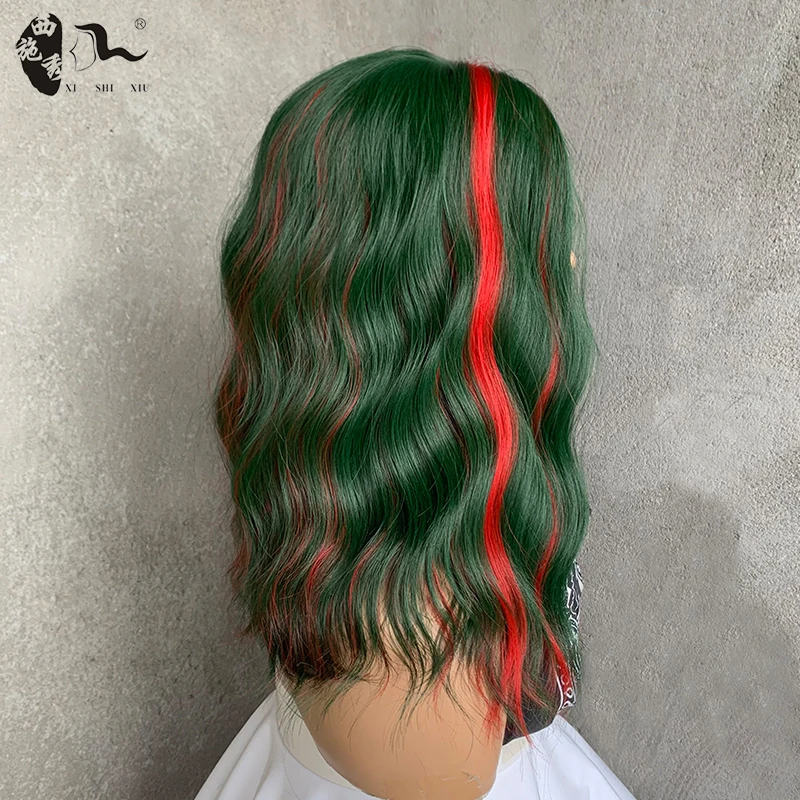 Short Natural Wavy Green Red Bob Wigs For Women Shoulder Length Cruella deville Synthetic Hair Halloween Costume Cosplay Wig