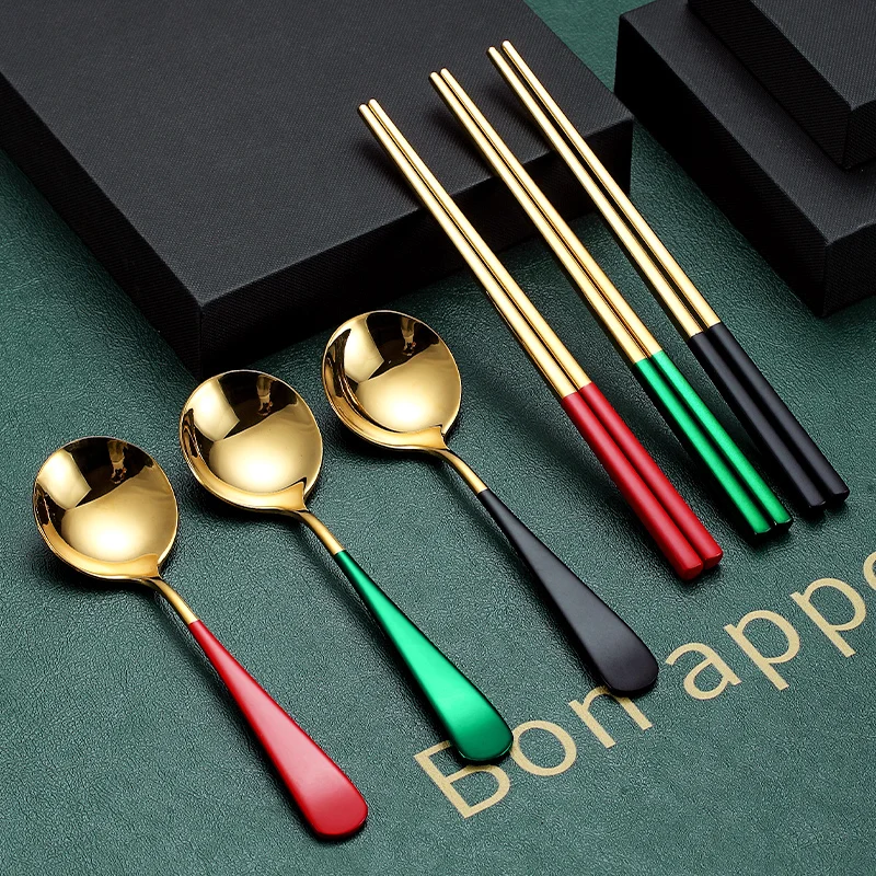 Reusable Korean Spoon And Chopstick Set Portable Golden Stainless Steel Cutlery Dinner Spoon
