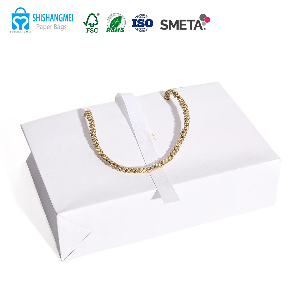 Hot Stamping Logo Recyclable White Gift Ribbon Paper Bags Customised Jewelry Packaging Luxury Paper Bags