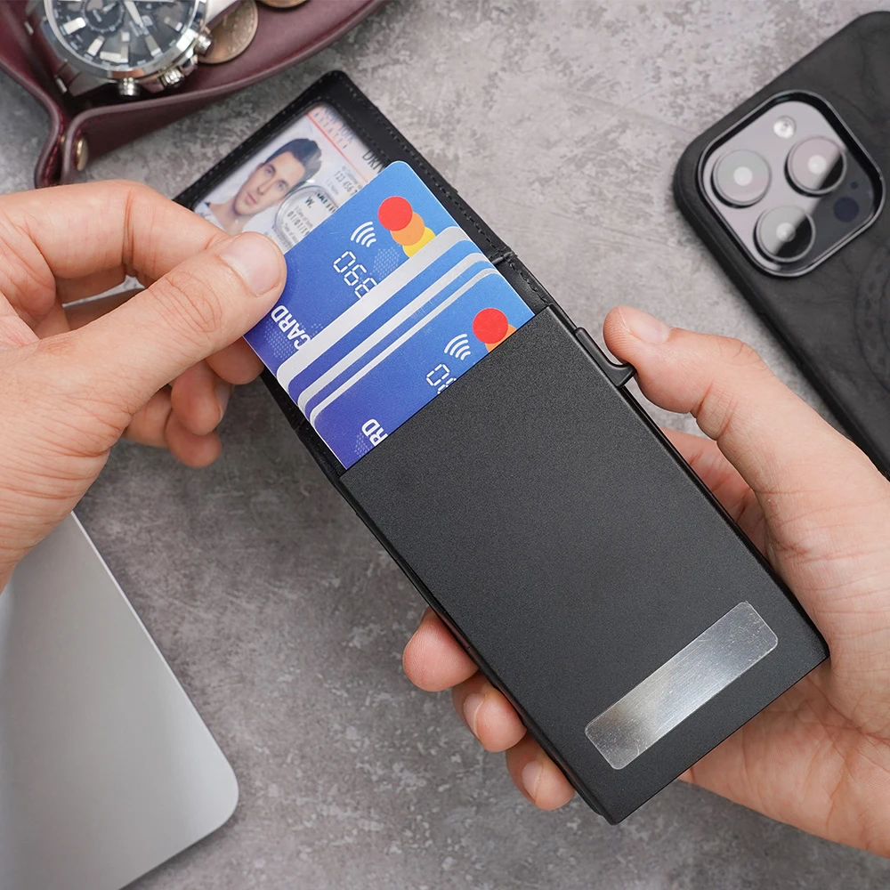 RFID Blocking Mens Wallet Card Holder, Pop Up Card Case, Smart Slim Minimalist Bifold Wallet Back Side With Money Clip