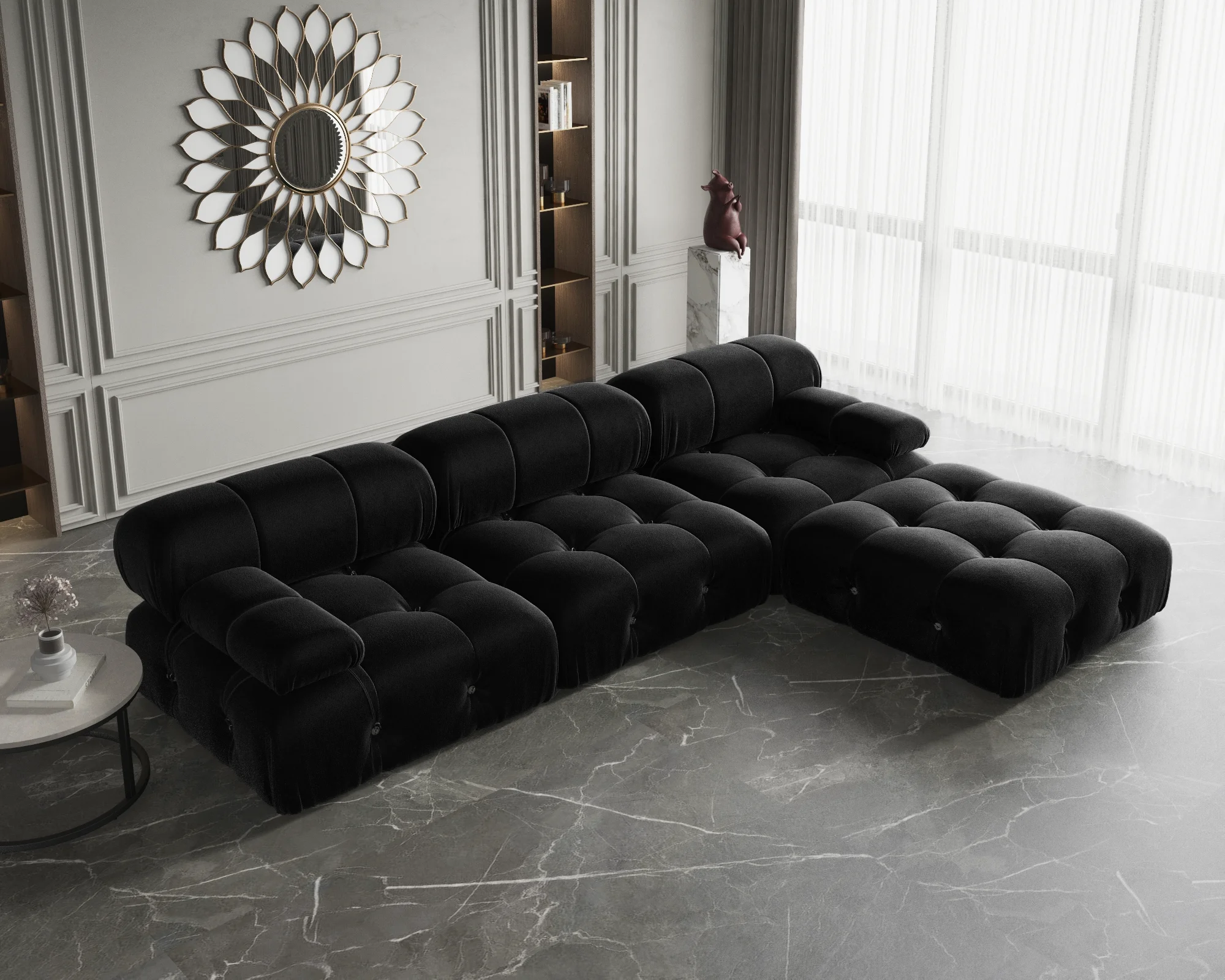 ATUNUS Wabi Sabi Furniture Black Velvet Modular Sectional Sofa Set Living Room Nordic Designer U Shape Couch With Ottoman