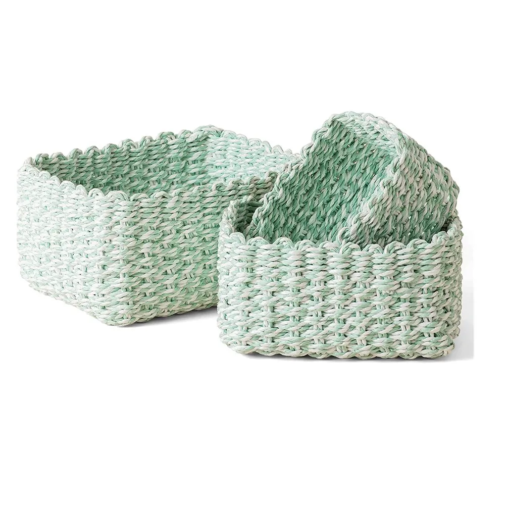 Set of 3 Handmade Paper  Baskets Large Medium Small Decorative Round Wicker Fruit Basket Home Decoration Serving Basket