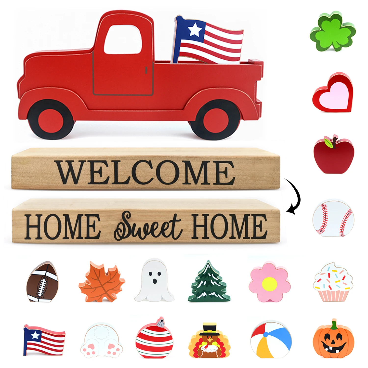Home Decor International Day Decoration Wooden Red Truck Welcome Sign Tabletop with Interchangeable Icons
