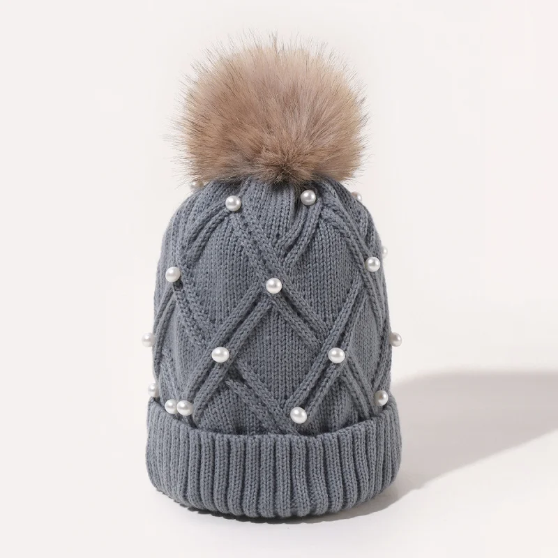 HZM-22247 Winter women ladies fur pom pom beads pearl knitted beanie hat