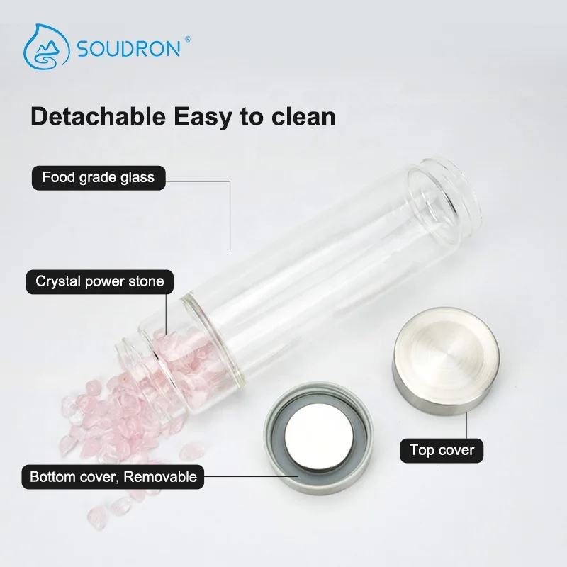 Hot Selling Water Bottle With Crystal Healing Gem Stone Quartz Gemstone Crystal Borosilicate Glass Natural Crystal Bottle Water