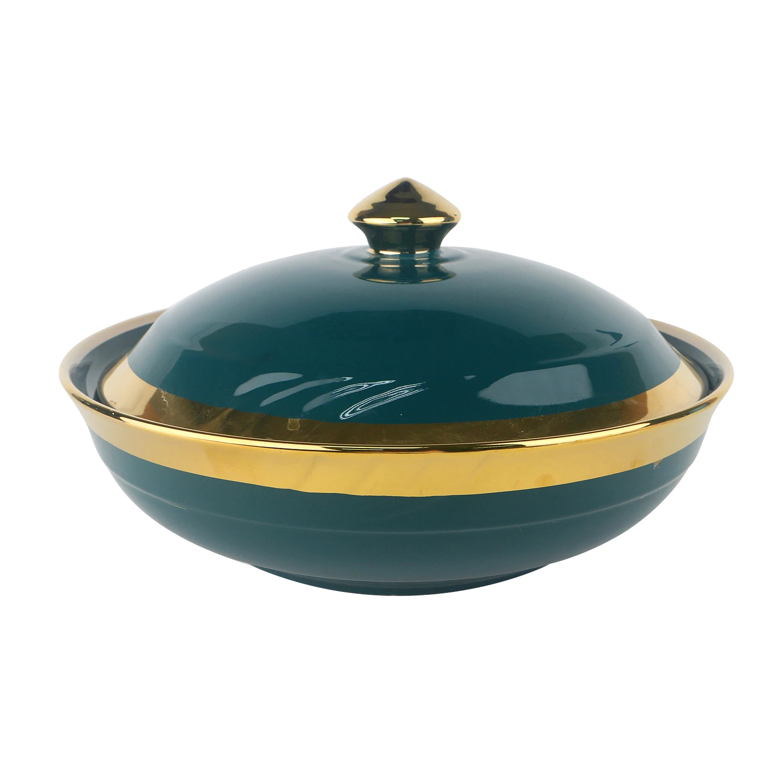Dark Green Ceramic Dinner Rice Bowl With Golden Rim and Golden Lid