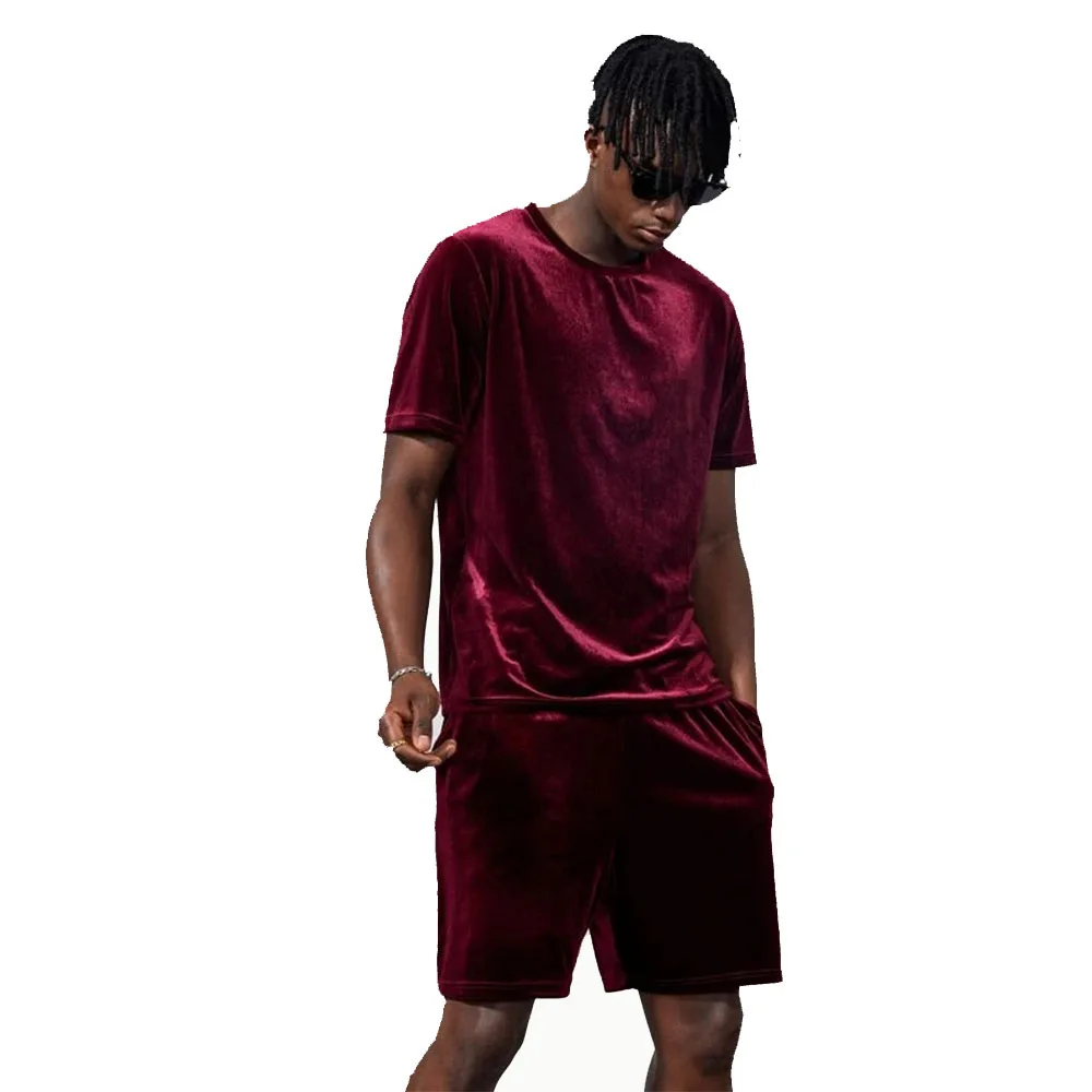 KY Men Short Sleeve Velvet Tee & Drawstring Waist Shorts Clothing Matching Sets Mens Summer Streetwear