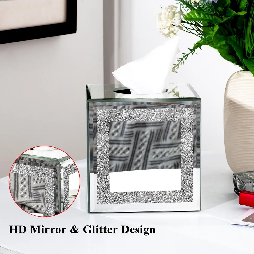 Luxury Square Glass Tissue Organizer Mirrored Tissue Box with Crushed Diamond Crystals