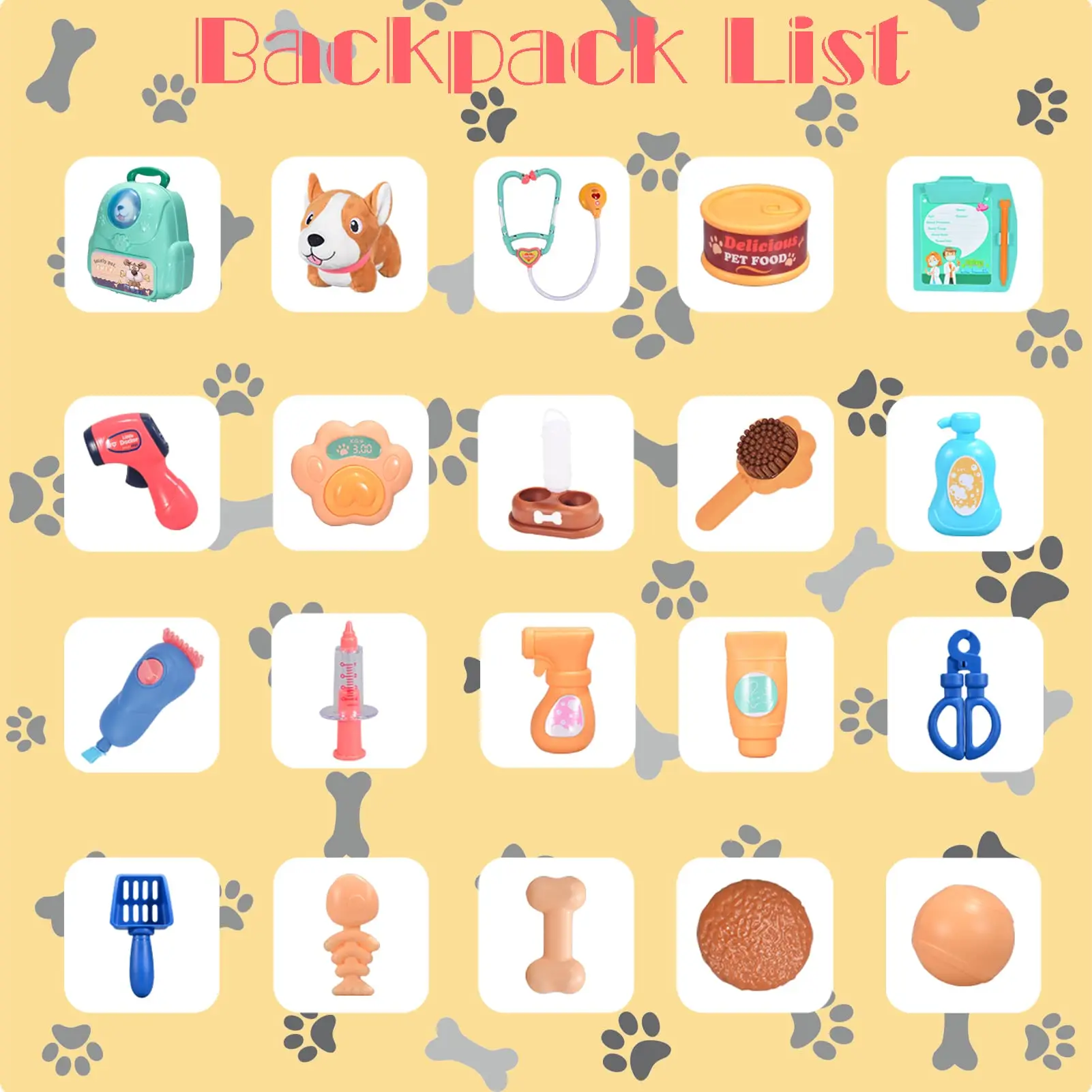 Children Pretend Play Toys with Pet Kids Role Play Pet Care Feeding Game Portable Backpack, Dog Toys Pet Vet Play set for Kids