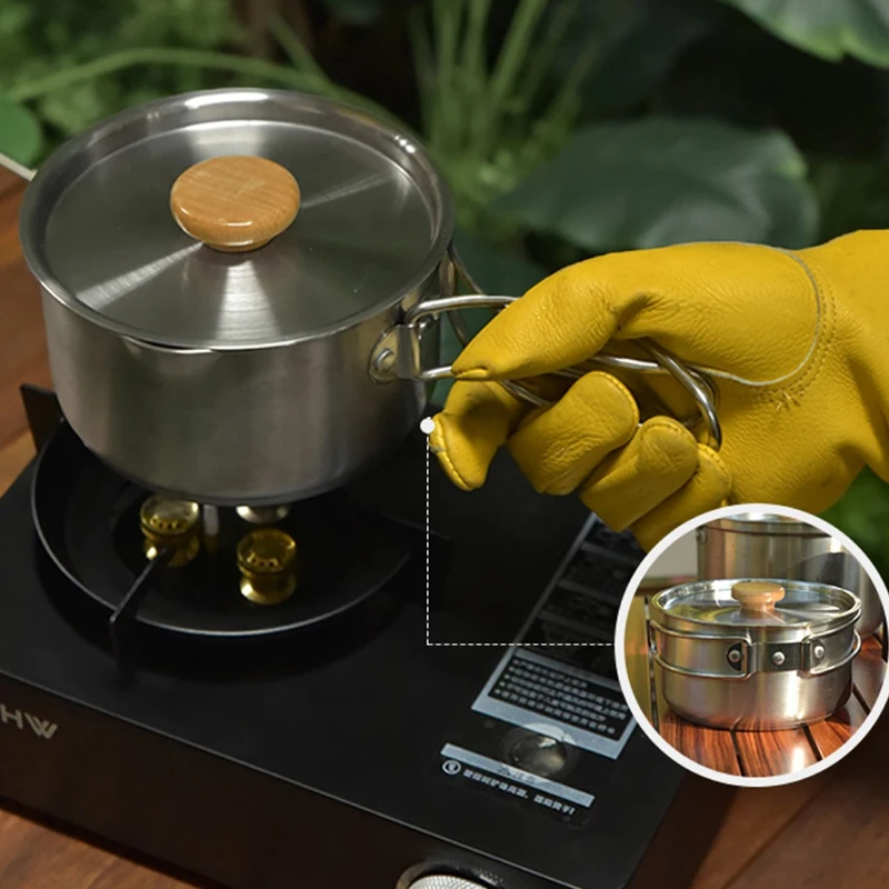 Hiking backpacking cooking portable removable handle foldable pot handles stainless steel camping pot cookware set for outdoor