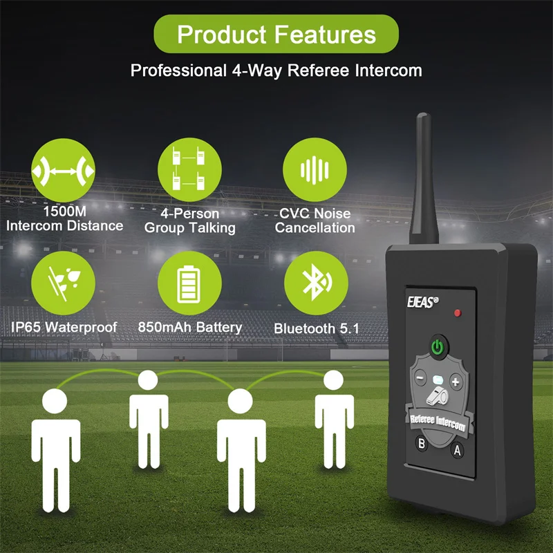 Soccer Referee Bluetooth Intercom 1500M Long Range Full Duplex Talkie Walkie