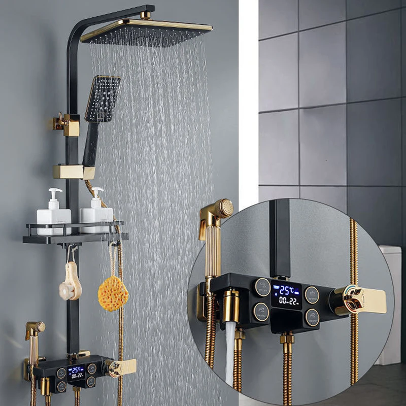 Thermostatic Bathroom Shower Set Rainfall Shower Head Quality Brass Bathtub Mixer Faucet Luxury Digital Bath Black Shower System