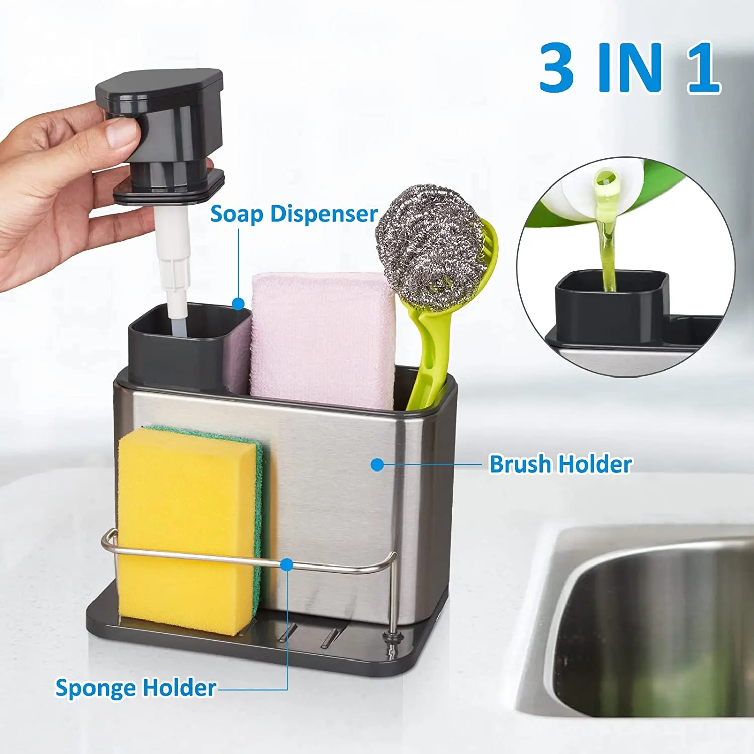 Soap Dispenser for Kitchen Sink 3-in-1 Sponge Holder for Kitchen Sink Caddy Kitchen Sink Organizer Tray Drainer Rack