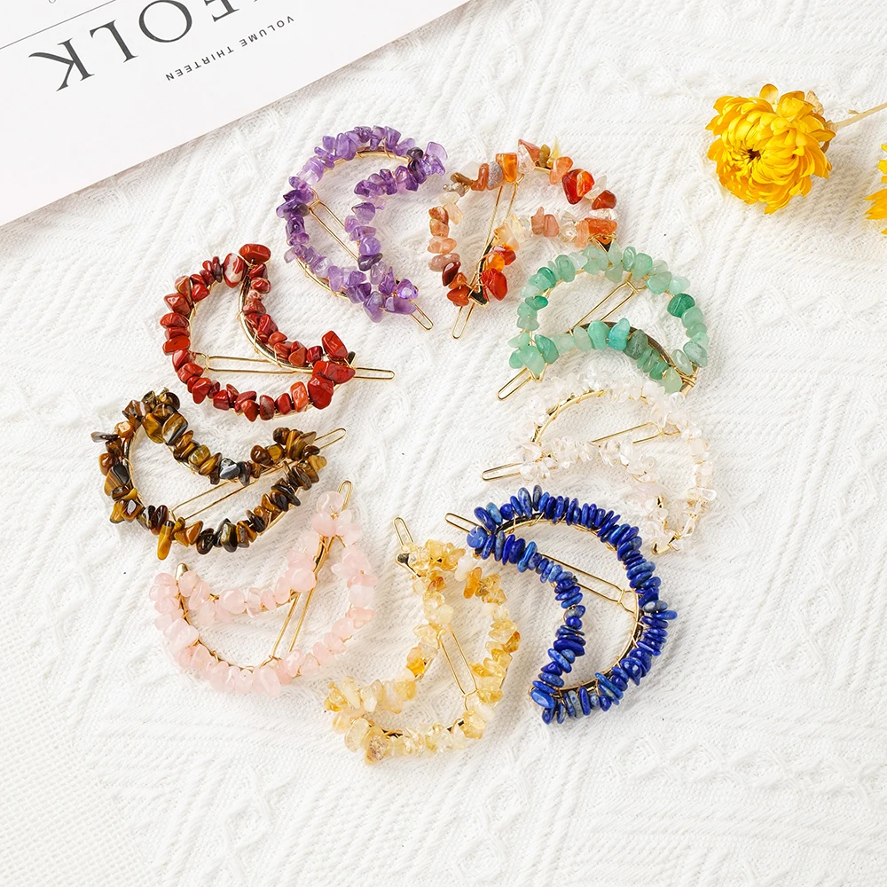 Women Girls Cute Colorful Natural Stone Crystal Gravel DIY Moon Hairpin Decoration Sweet Hair Clips Fashion Hair Accessories