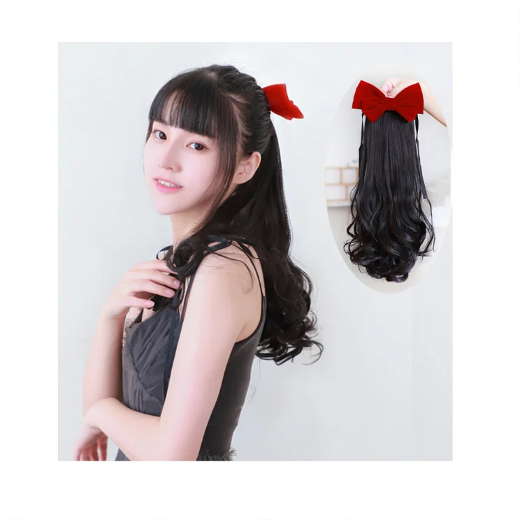 Gradient Color Female Summer Ponytail Red Bow Pear-shaped Hair Roll Long Hair Strap Horse Tail Wig
