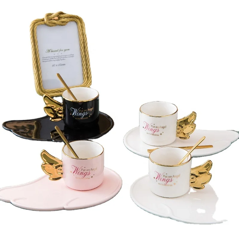 Factory directly supply 160ml europe style luxury lovely black and white coffee cups with metal spoon