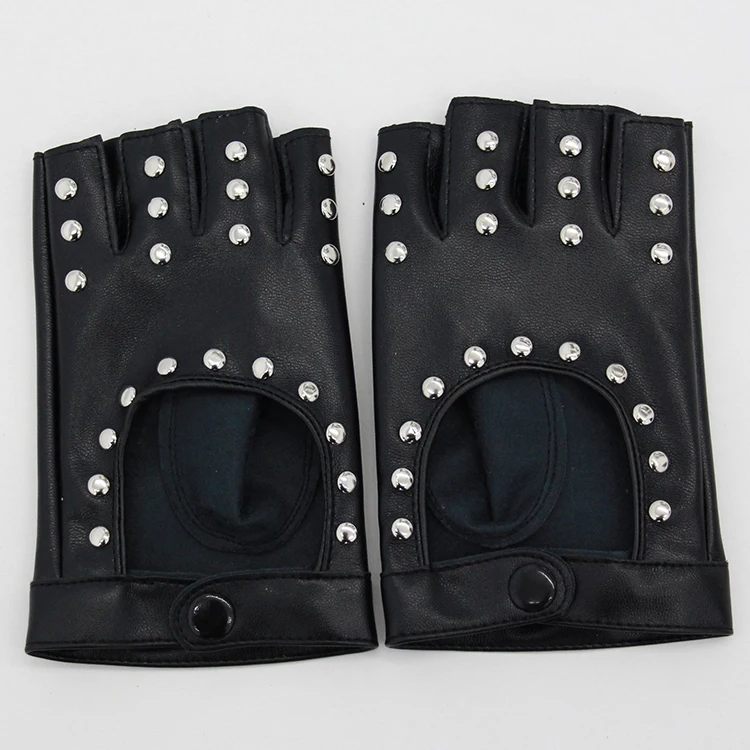 
Ladies Fitness Faux Leather PU Metal Rivet Summer Non-slip Free Size Sports street dance stage Half finger Gloves 