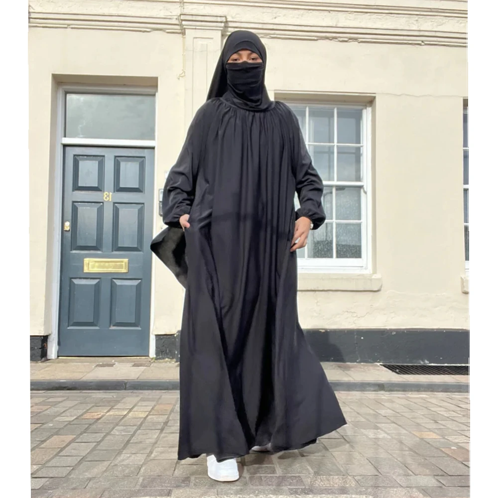 Плиссированный Воротник Цветочная Абая Делюкс Зонт Nadiya черное закрыто платье Исламская одежда