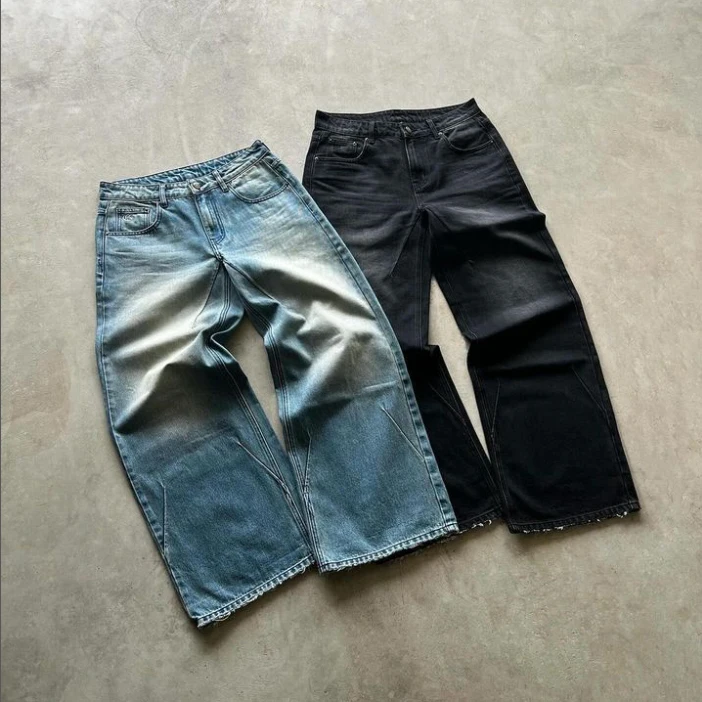 Dongguan custom high quality man distress straight leg cotton vintage wash blue black denim pants jeans for men