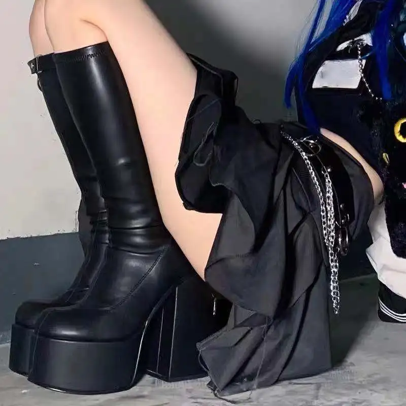 Women Boots High Heels Chunky Platform Black Big Size 43 Winter Boots Knee High Zipper Matrin Boot Party Shoes
