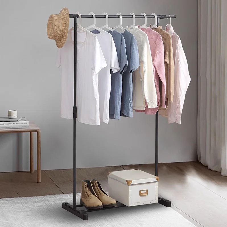 Stainless Steel Adjustable Single Black Clothes Drying Rack With Four Wheels Stand