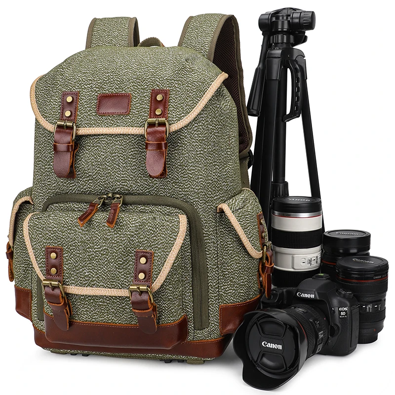 Drop Ship Canvas Leather Large Waterproof Photography Backpack With Laptop Compartment