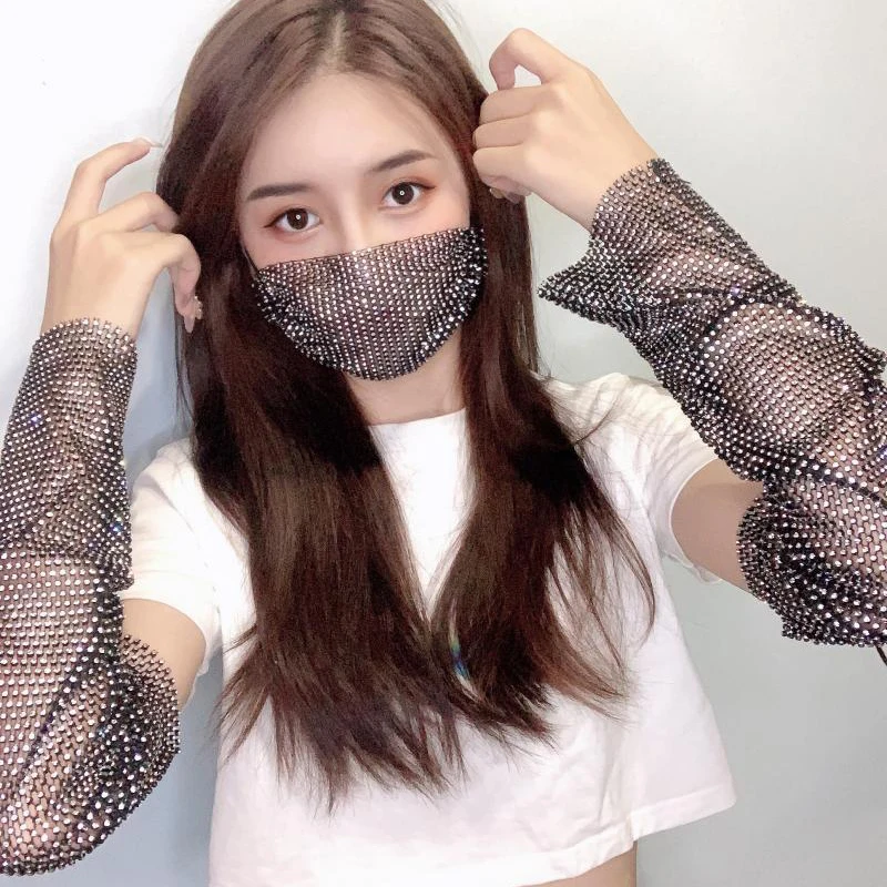 Flash Diamond Sleeve Women Party Long Stretch Mesh Rhinestone Arm Sleeve Gloves Disco Internet Celebrity Accessories Jewelry