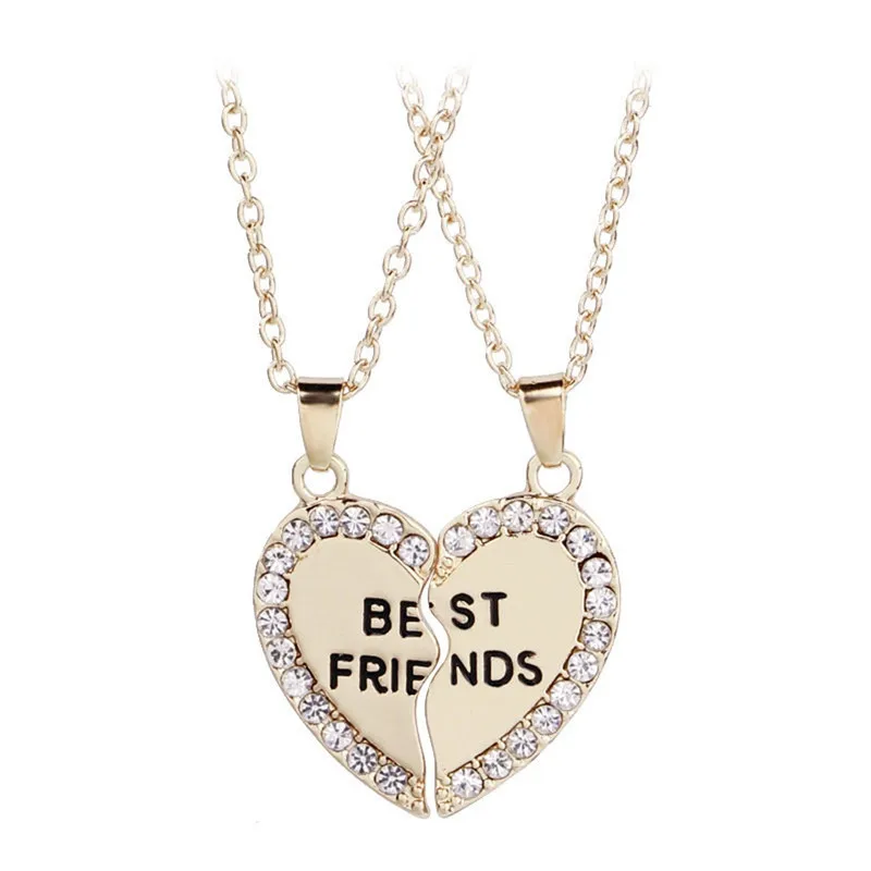 Hot Selling Love Gold 2 BFF Broken Heart Beat Pendant Fashion Diamond Best Friends Rhinestone Letter Necklace