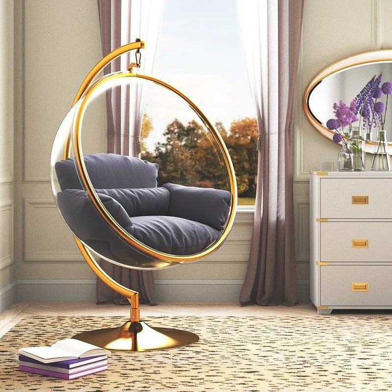 Luxury Golden Frame Transparent Hanging Chairs Swing Floor Stand Acrylic Bubble Chair for Living Room Bedroom