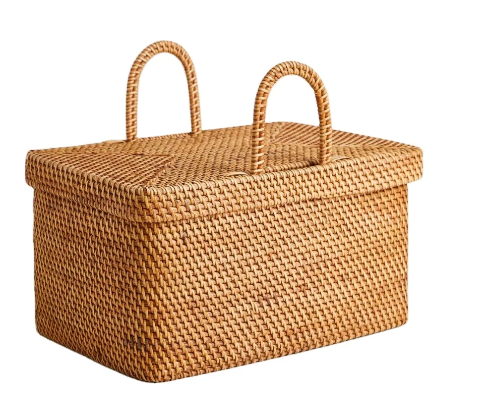 Handmade rattan storage basket with lid and handles rattan hamper basket sustainable sturdy