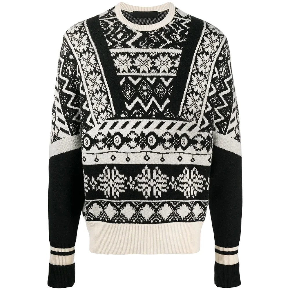 Fashion Designer Casual Custom Logo Men Pattern Sweater Fair Isle Print Black Knitted Crew Neck Pullover Winter Sweater