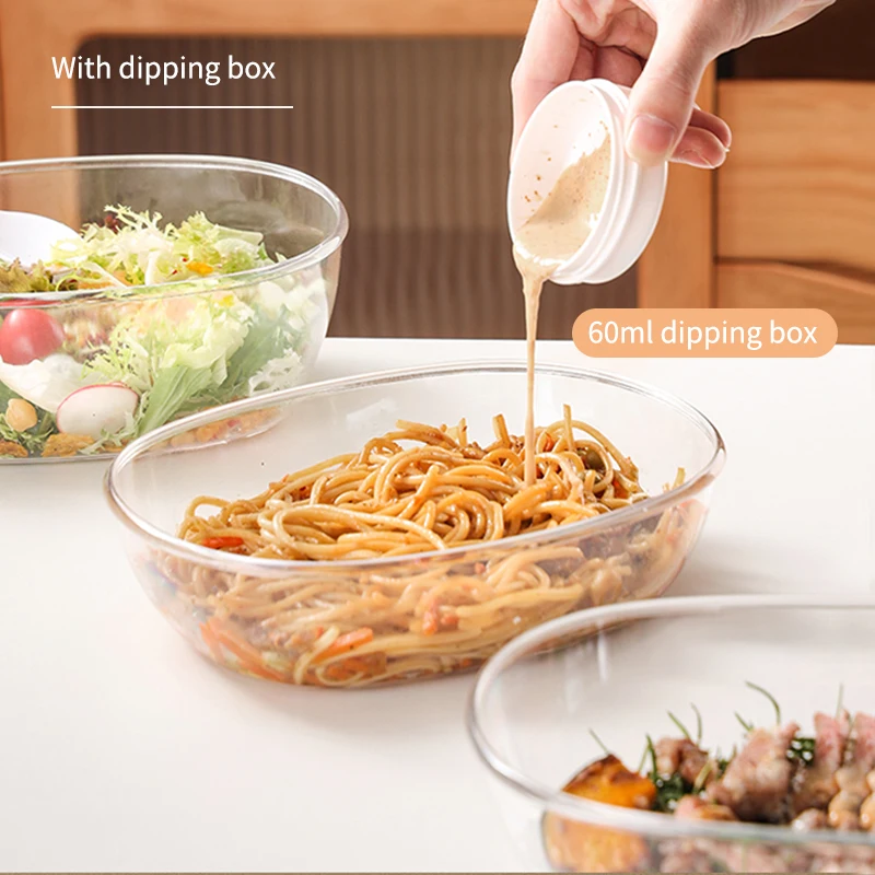 800ml clear Leakproof food Container with divided Tray and elastic strap plastic salad box with sauce box and cutlery lunch box