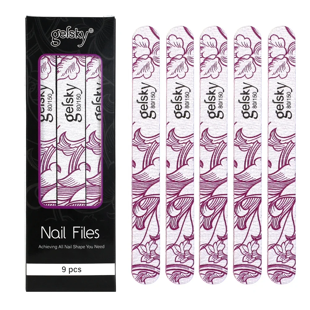 Gelsky Custom Printed Nail Files 80 150 Double Sided Emery Board 9 Pcs Straight Shape Disposable Nail Tool Nail File Set