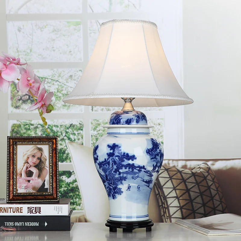 New Chinese style blue flower luxury modern antique classic ceramics table lamp for living room