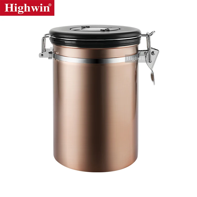 HIGHWIN Bronze Painting Airtight Stainless Steel Coffee Canister with Built-in CO2 Valve and Spoon