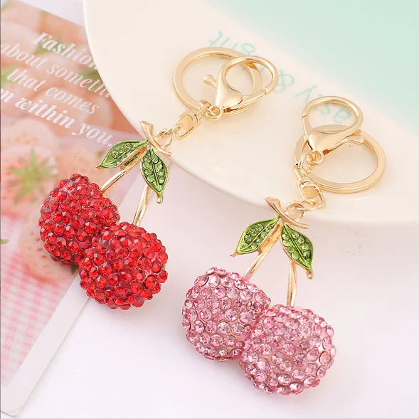 2023 new fashion Alloy cherry keychain 3D 3D rhinestone fruit keychain travel souvenir company gift  Crystal key ring