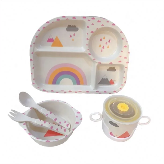 rectangle gray  cloud 4 divided bamboo fiber kid dinner ware set with cups