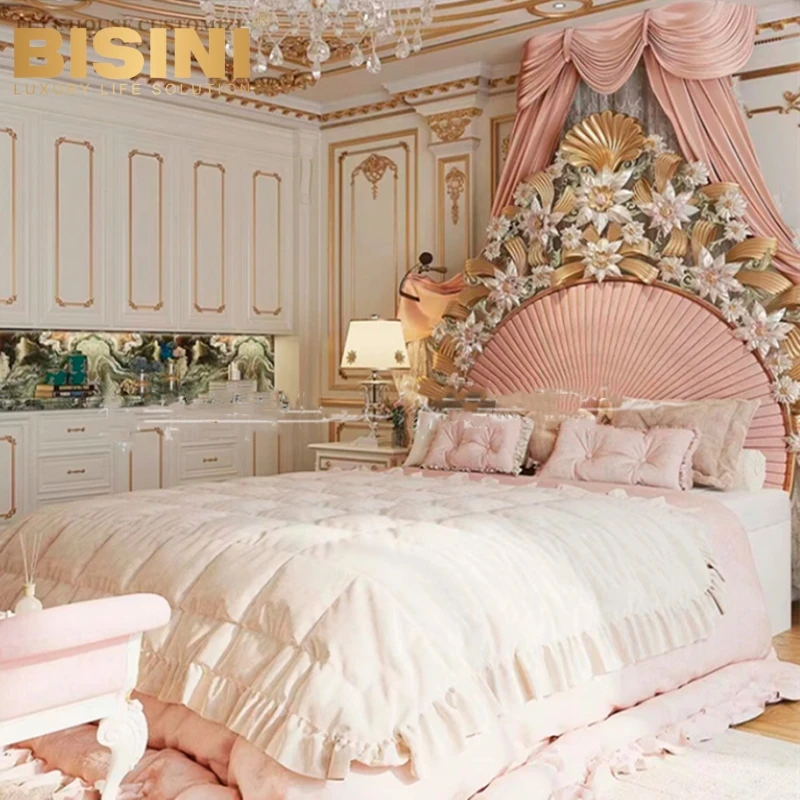 High-end Custom Italy Milan Style House Princess Girls Bedroom Pink Bed Set Wood Carved Rosy Butterflies flowers Double Bed