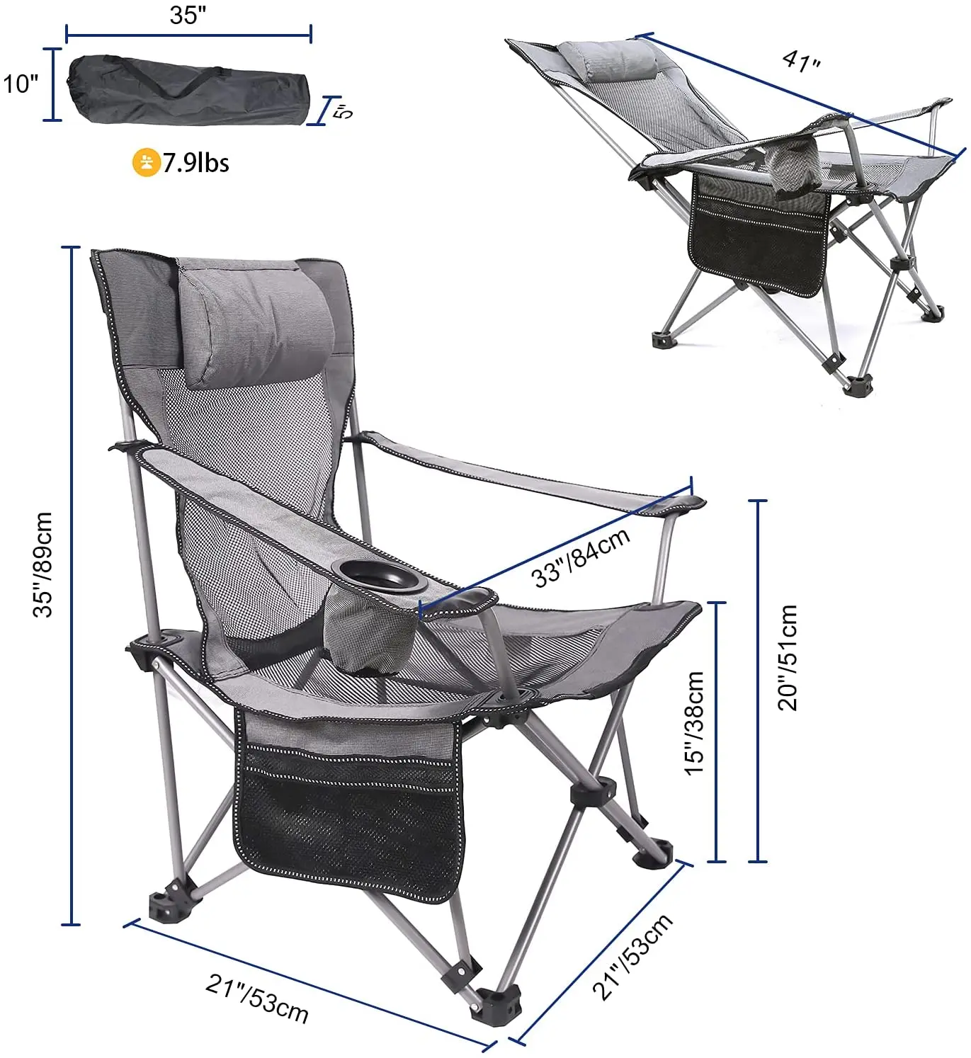  Folding Camping Chair Adjustable Lounge Recliner Portable Oversized Steel Frame Collapsible Lawn