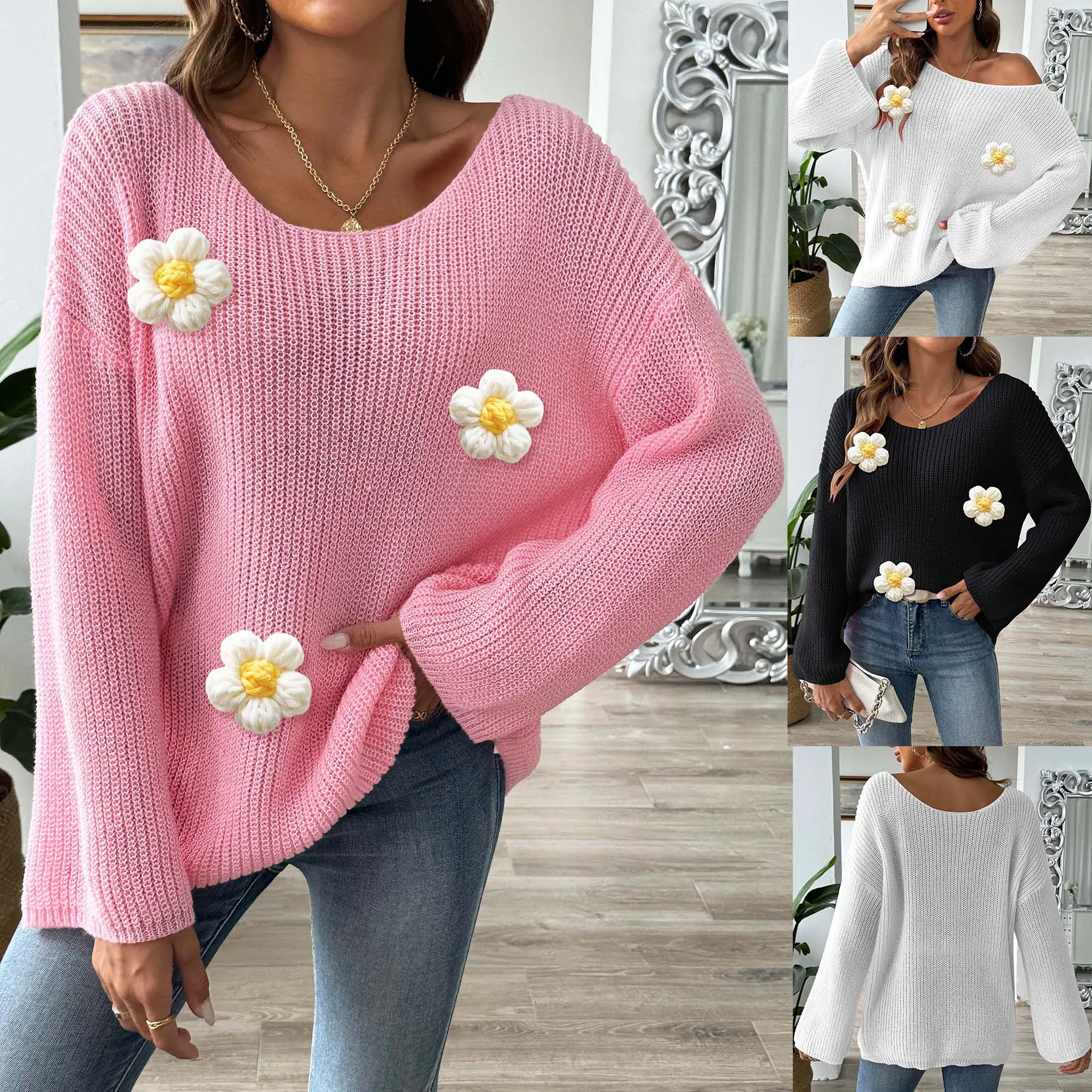 In stocks Manufacturer OEM ODM ladies sweaters Crew Neck Long Sleeve crochet Flower Applique Pullovers Knitted Sweater For Women