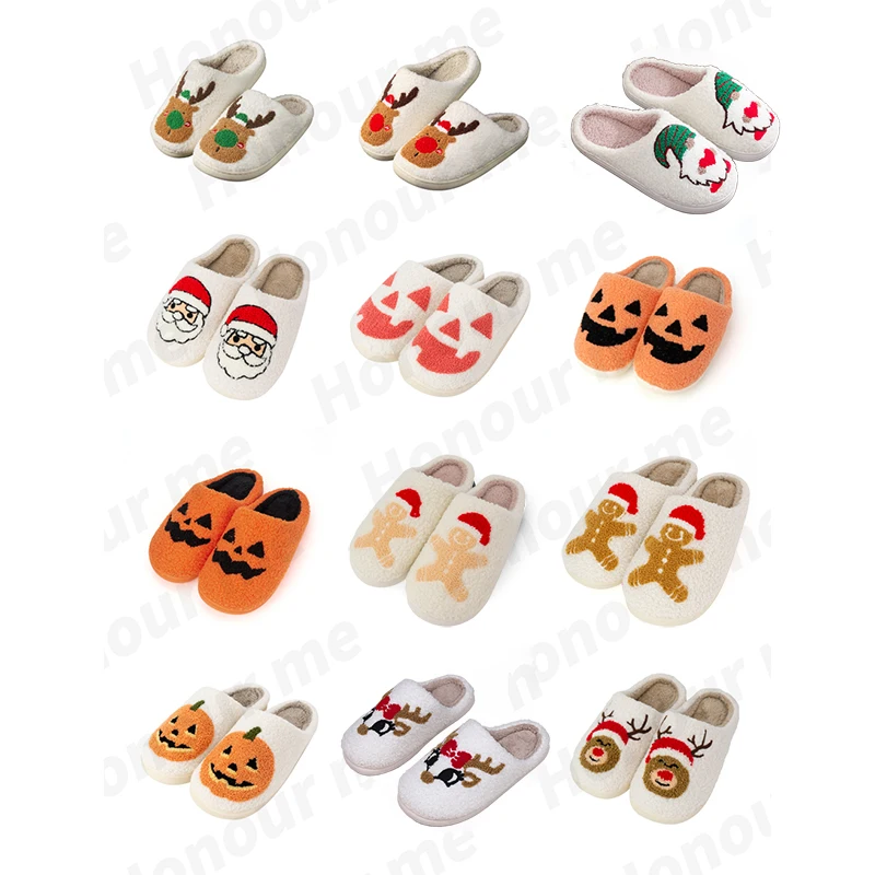 Wholesale ready to ship Halloween Christmas gift home pumpkin lantern hot sales fur shoes fashion styles embroidery fur slippers
