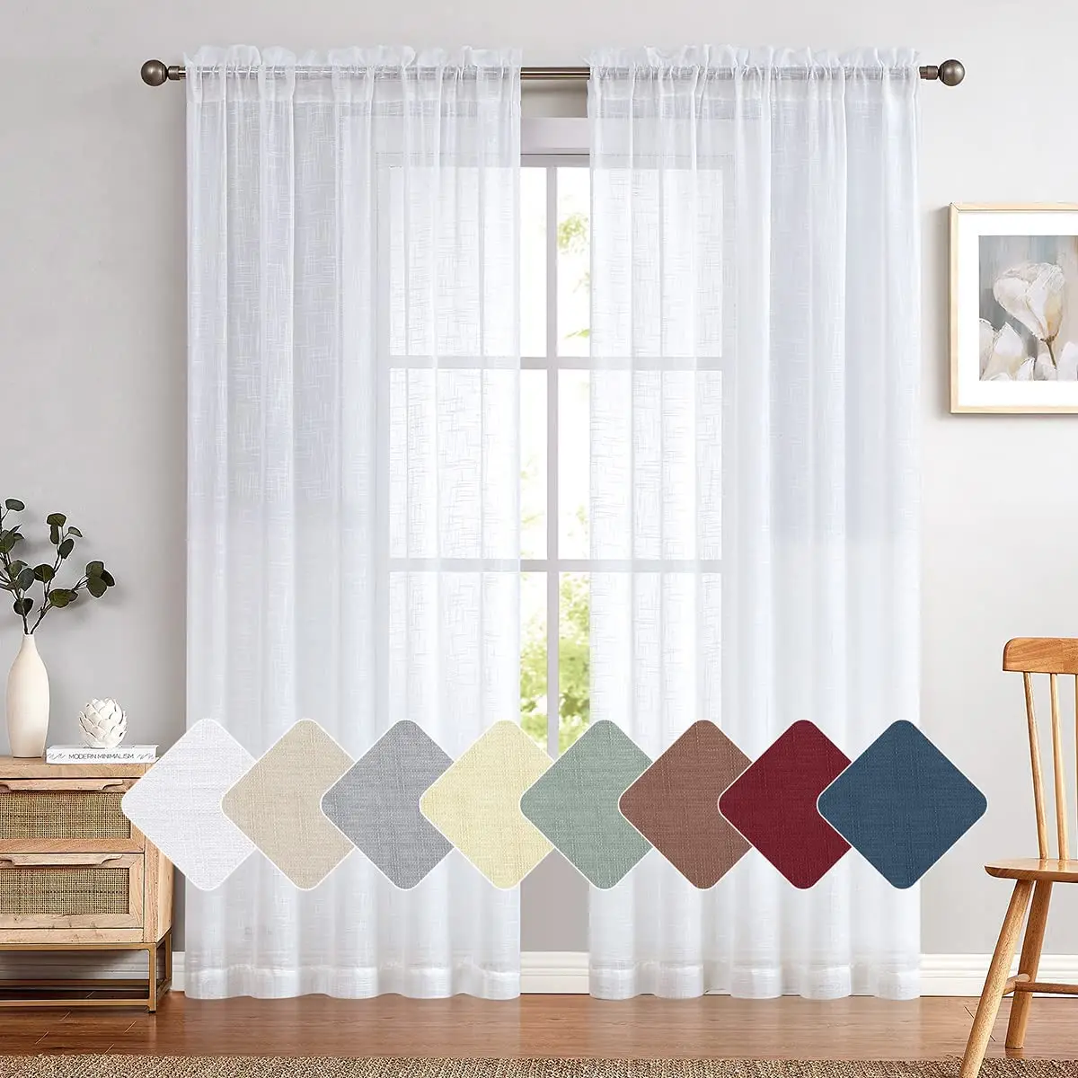 Curtains Rod Pocket Back Tab Faux Linen Curtains Open Weave Sheers Lightweight Voile Drapes Bedroom Window Curtain