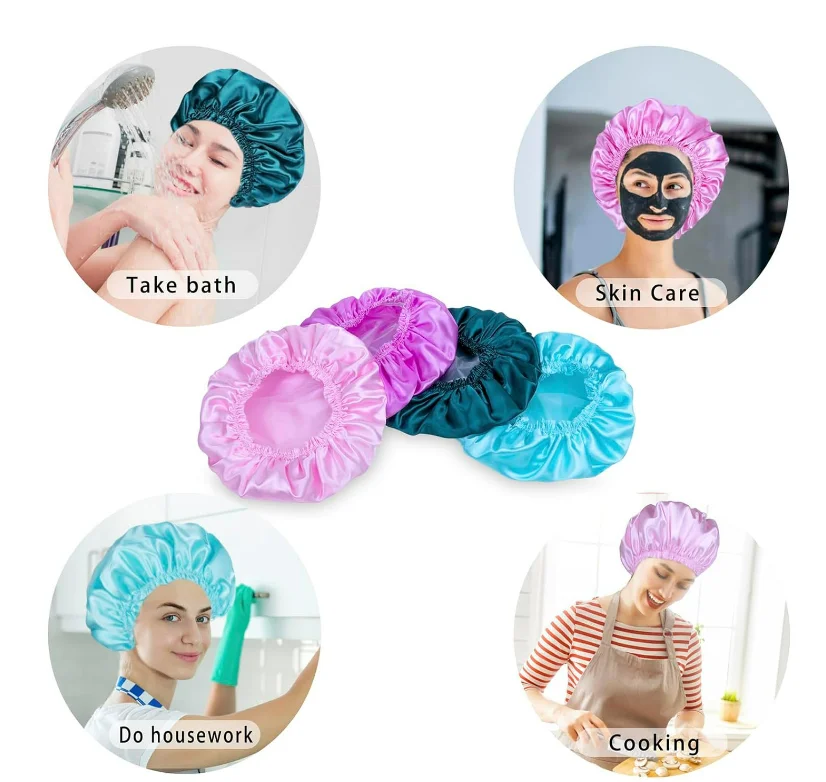 New  Double Waterproof Layers Shower Cap Elastic Reusable Bath Caps Protection Hair Bath Hat for Bathing Cooking Baking Cleaning