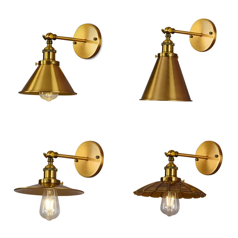 Loft gold antique bronze wall light LED American restaurant bedroom living room short arm rocker wall lamp