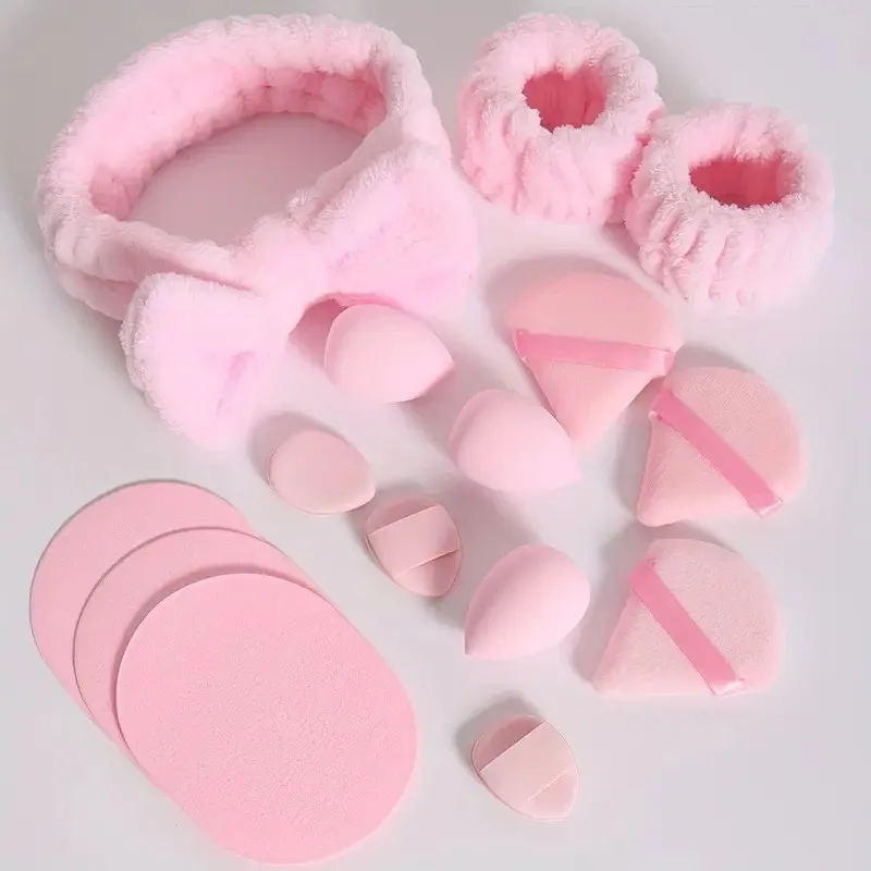Custom Makeup Tools 15pcs Set Sponge Hairband Wristband Hair Scrunchies Triangle Makeup Puffs Washing Face Headband With Logo