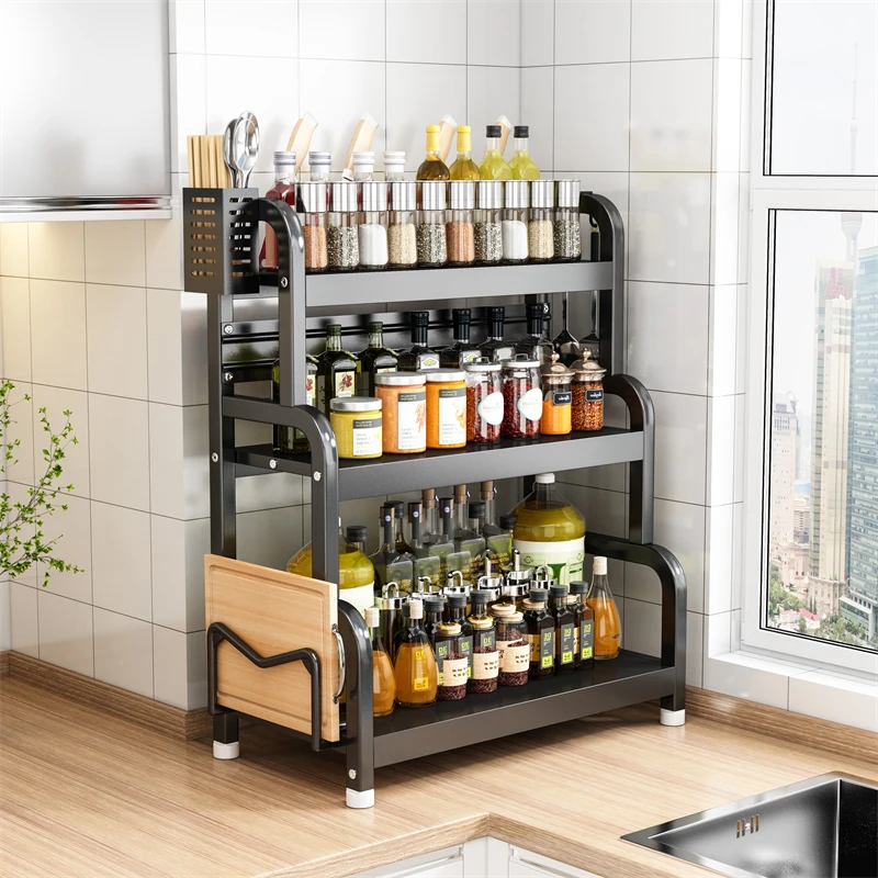 Multifunctional Three-Tier Standing Kitchen Rack Metal Shelf Spice Storage Seasoning Organizer Plastic Iron Bathroom Accessories