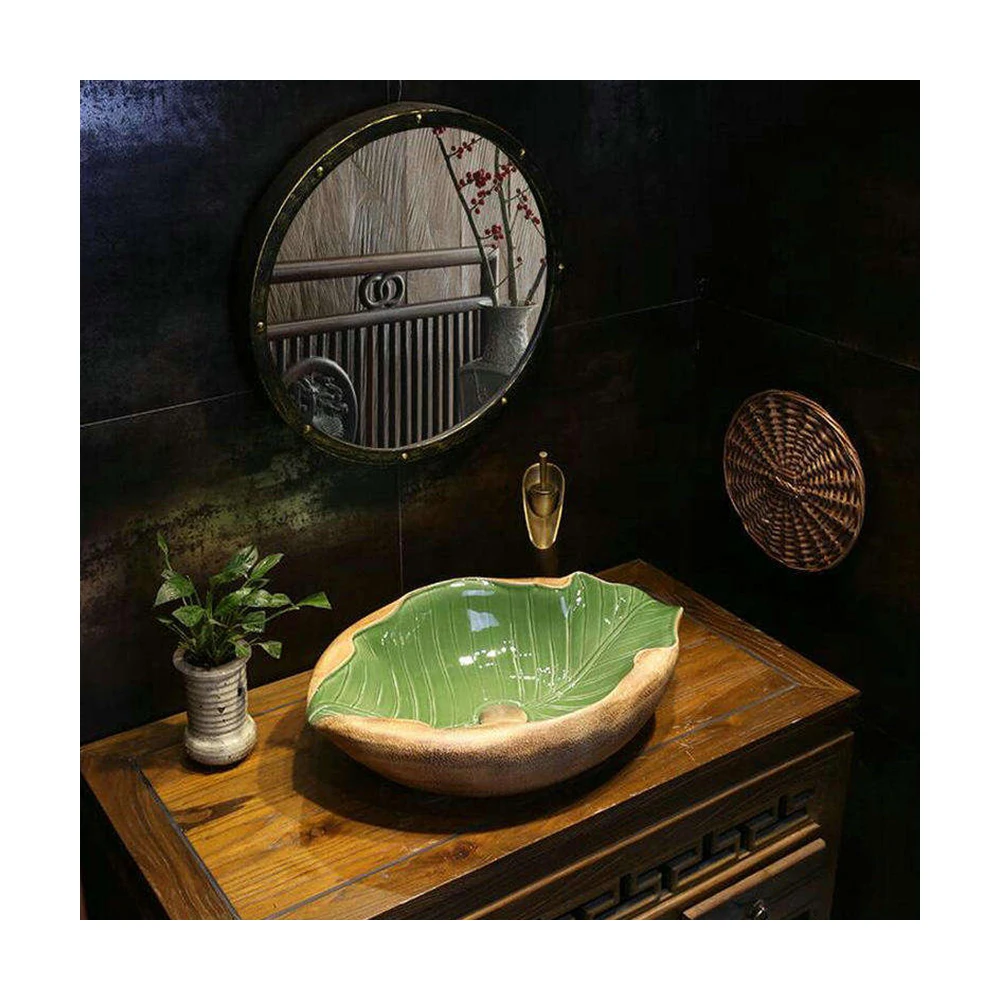 High quality modern design artistic lotus leaf ceramic vessel sink bathroom decorative sink gold sink