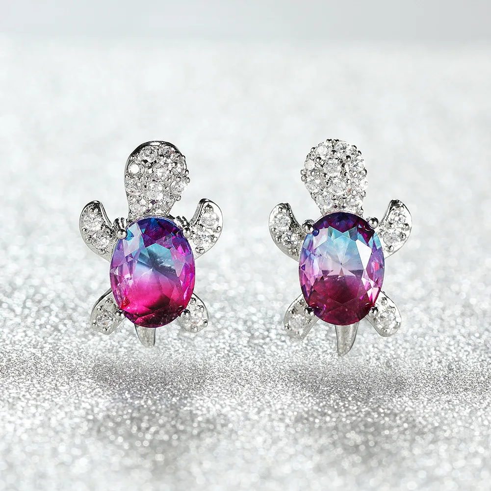 Rainbow Stone Turtle Stud Earrings For Women Fashion Jewelry Multi color Crystal Animal Earrings